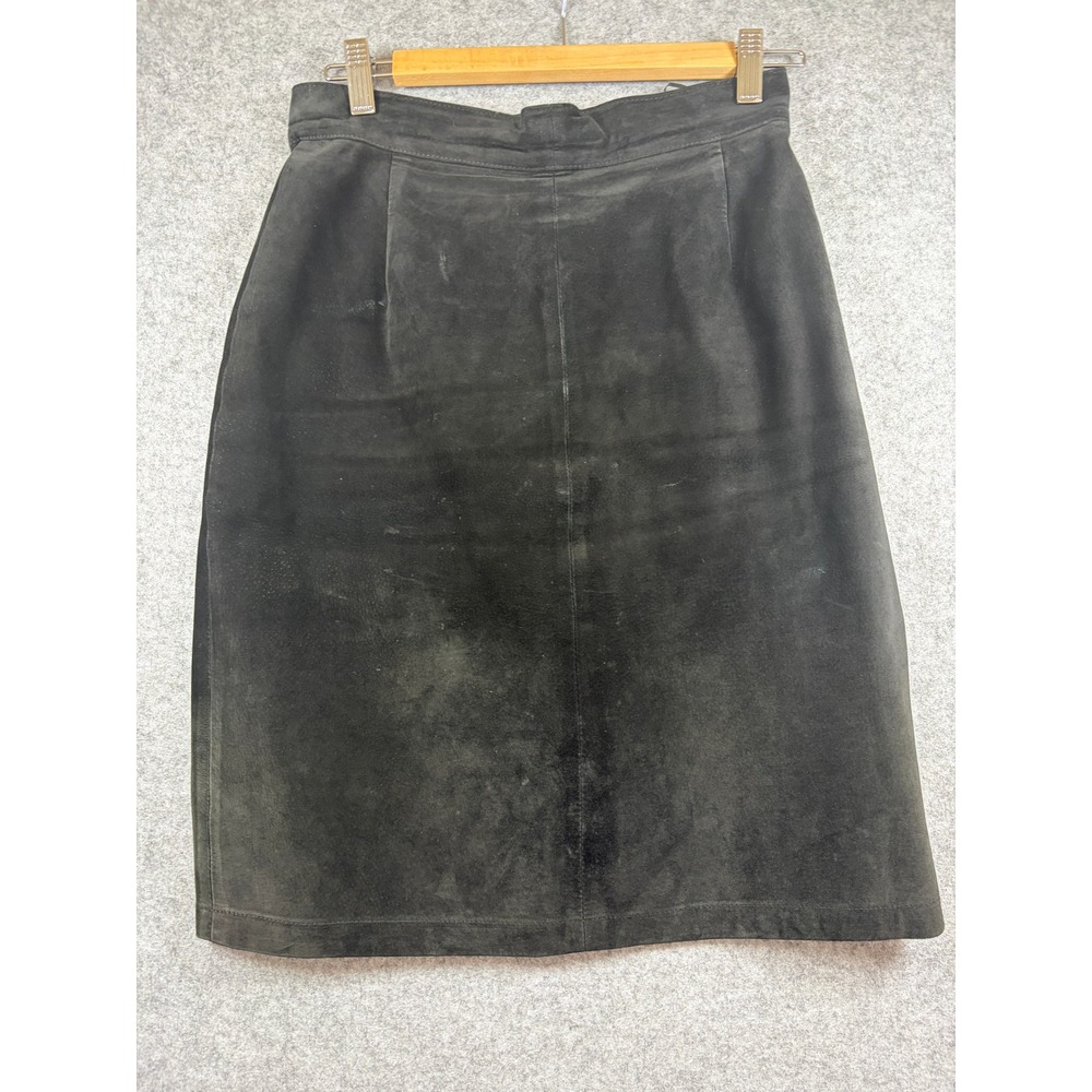 VIZYON Black Suede Leather Pencil Skirt High Waisted Knee Length Size 40 Vintage